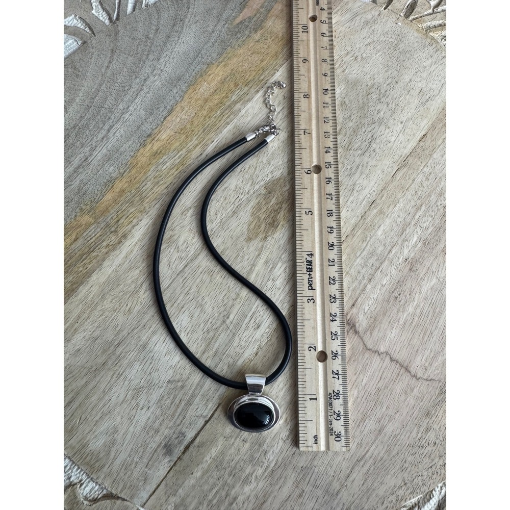 Roman‎ Black Cabochon Oval Pendant Necklace Silver Tone Rubber Cord Minimalist